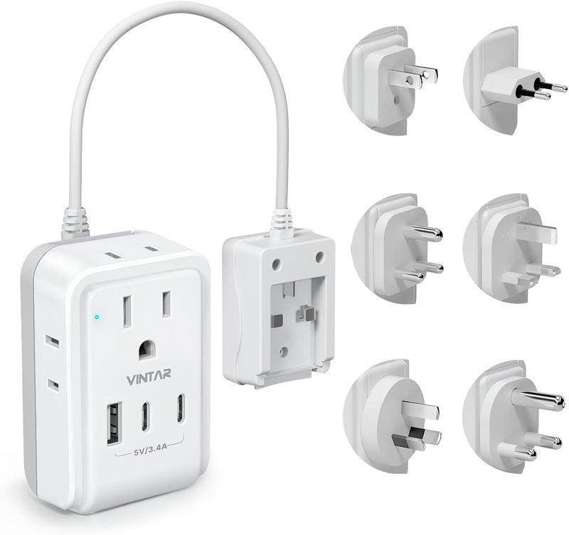 VINTAR طقم محول السفر العالمي، كابل تمديد قابل للفصل بطول 0.5 قدم مع 4 مآخذ AC و 3 USB (2 USB C)، محول طاقة دولي من نوع A/C/G/D/I/M للولايات المتحدة إلى أوروبا المملكة المتحدة الهند جنوب أفريقيا اليابان - Image 1